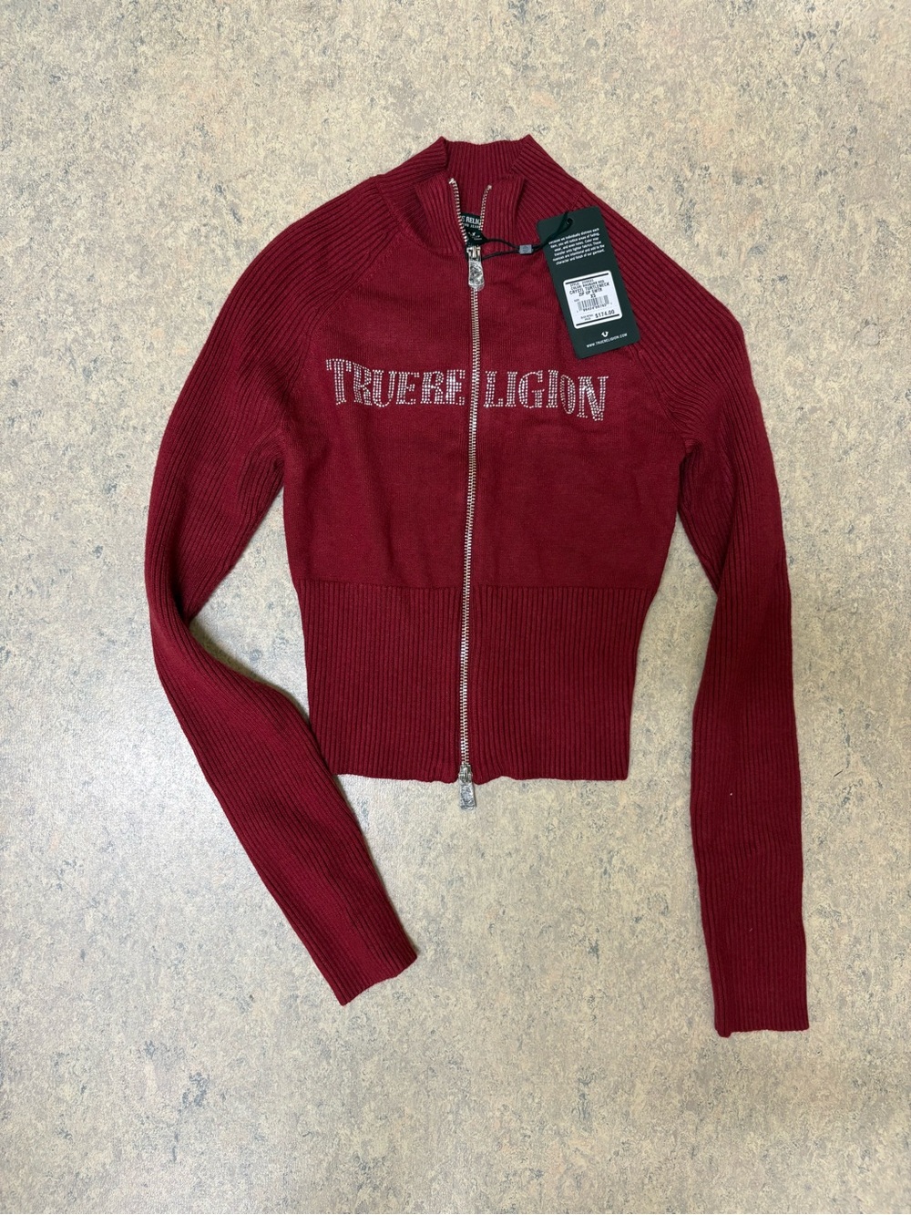 NWT True Religion Burgundy Rhinestone Logo Cropped  Zip Sweater XS $174